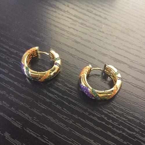 SLJELY Solid 925 Sterling Silver Yellow Gold Color Multicolor Zirconia Geometric Patterns Mana Tribal Hoop Earrings for Women