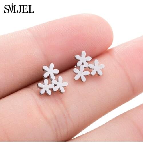 SMJEL Korean Flower Earrings for Women Female Wedding Jewelry Gift Stainless Steel Stud Earrings Small Cute Plant Earing Brinco