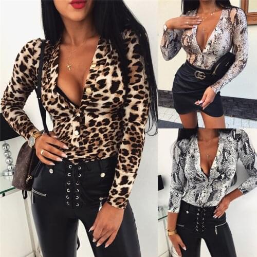 Fashion Leopard Snake Print Bodysuit for Women Sexy Bodycon Skinny Body Suit Deep V-neck k Long Sleeve Playsuit Romper Jumpsuits