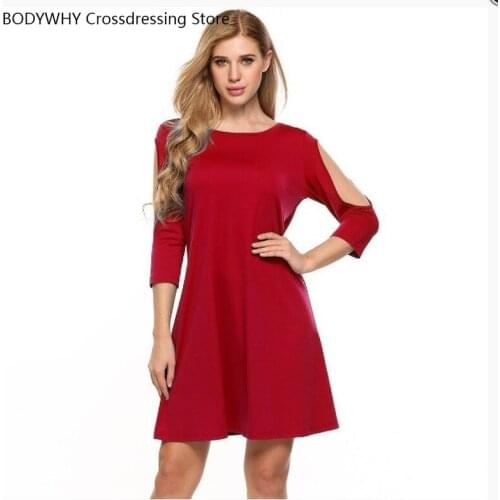 New Summer Womens Intellectual Off-the-shoulder 3/4 Sleeve Mini Dress Fairy Dress Round Neck Solid Color Dress