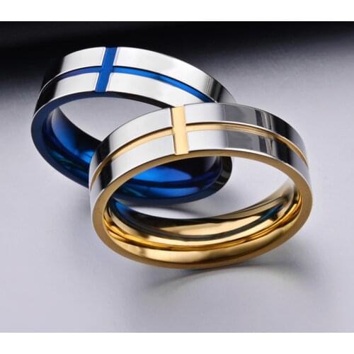 2021 Hot Sale High Quality Golden Blue Cross Stainless Steel Finger Rings For Unisex Men Women Couple Paired Lovers Ring Gifts