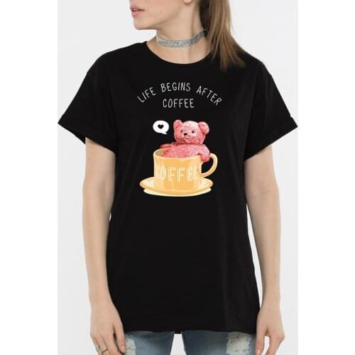BLINGPAW Teddy Bear Life Begins After Coffee Letter Print T-shirt White Cotton Unisex Tees Summer Custom Tee Shirts Graphic Tee