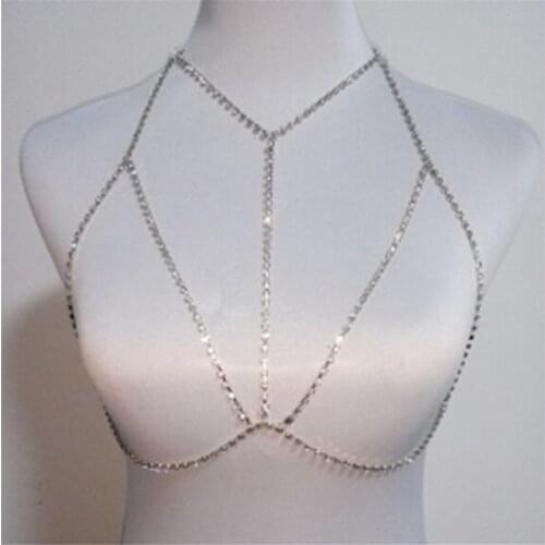 Bohemian Beach Sexy Chest Chain for Women Full Rhinestone Cross Chest Chain Shining Crystal Bra Body Necklace Choker Jewelry