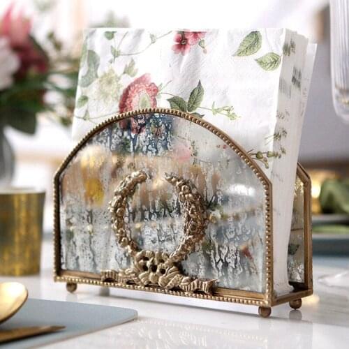 European Carved Brass Retro Glass Paper Towel Rack Nostalgic Palace Napkin Paper Clip Luxury Table Decor Ornament Accessories