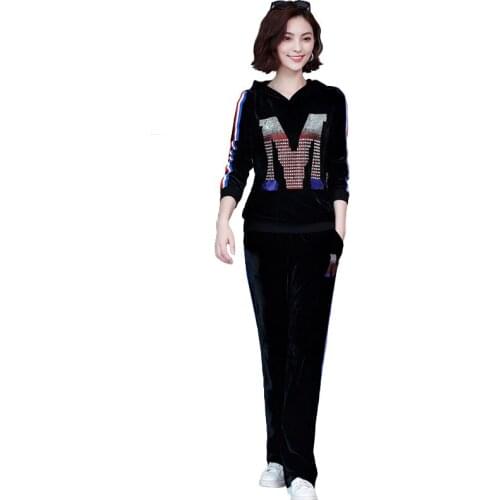 Hot drilling Gold velvet women 2pcs casual sports set autumn fashion sweatershirt pants suit