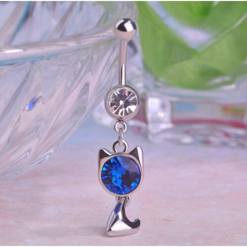 Small Cat Navel Bell Rings Silver Color Animal Nombril Ombligo Crystal Long Navel Ring Women Beach Navel Piercing Body Jewelry