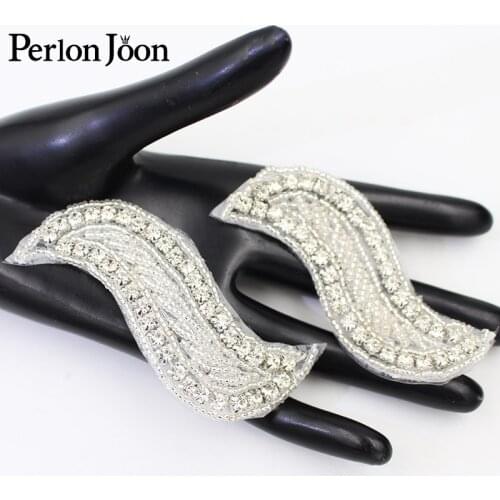 2pcs Glitter silver S-shape Handmade glass Rhinestone Applique Sewn on Wedding Dress Crystal Patch Decoration Accessories WH021