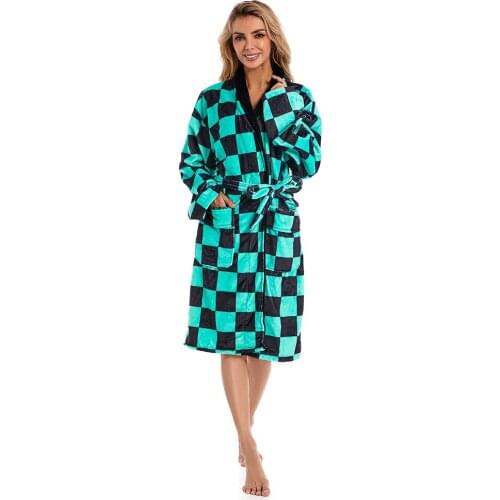 Anime Demon Slayer Kamado Tanjirou Cosplay Bathrobe Coral Fleece Bath Robe Dressing Gown Cloak