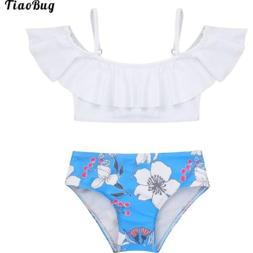 TiaoBug 2Pcs Kid Girls Swimming Suit Adjustable Spaghetti Straps Off Shoulder Ruffle Hem Cropped Top And Floral Print Briefs Set