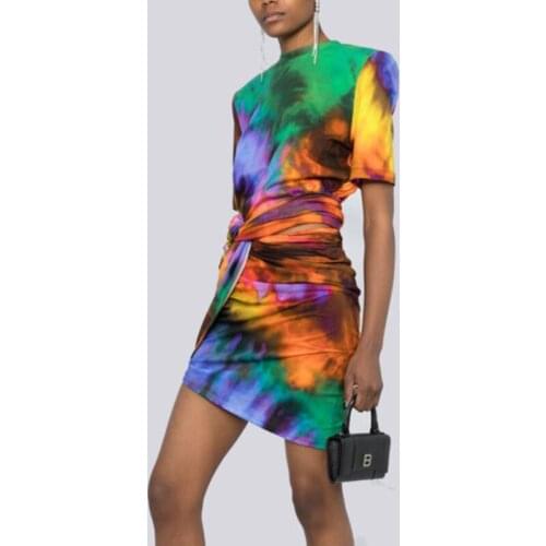 2021 Summer tops 2 piece skirts sets womens outfits korean Niche Print Set Colorful Fade Dye T-shirt Pleated Half mini Skirt