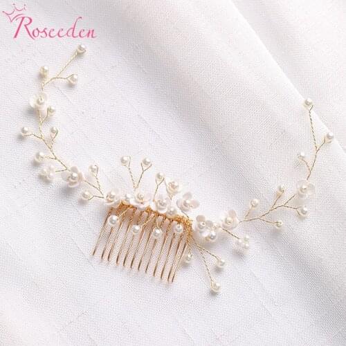 Fashion Wedding Hair Accessories Hair Combs Women Jewelry Gold Floral Pearls Head Ornament RE4255