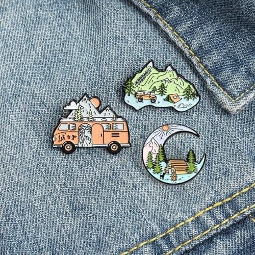 Cartoon Camping Car Badge Metal Enamel Pin Creative Mountain Tent Brooch Backpack Clothes Lapel Pin Jewelry Gift for Friends