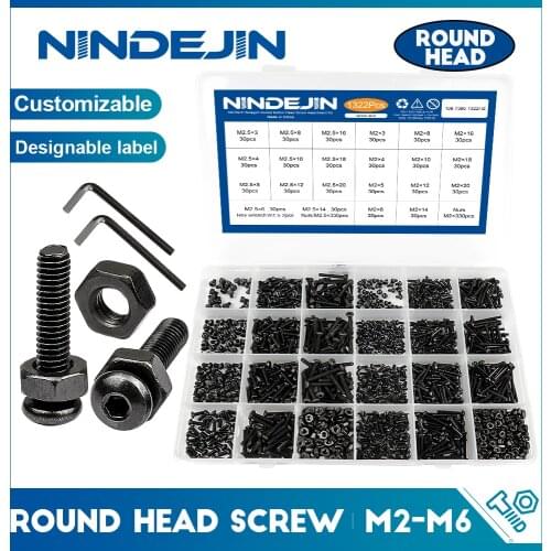 NINDEJIN hex hexagon socket button head screw nut carbon steel m2 m2.5 m3 m4 m5 m6 allen round head screw set bolt and nut set