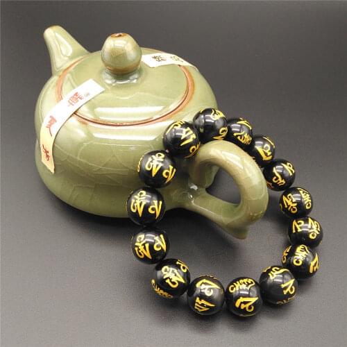 Natural Black Obsidian Gemstone Flash Round Beads Reiki Gold Six words Wealthy Rare Bracelets AAAAA 10mm 12mm 14mm 16mm 18mm