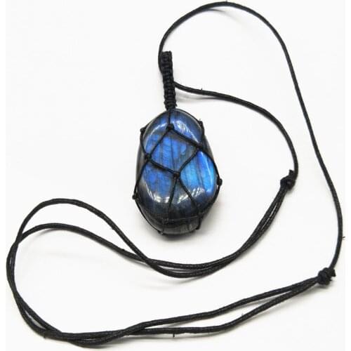 Labradorite Necklace Braid Wrapped Natural Stone Big Pendant Necklace Yoga Healing Necklace for Men Women Energy Necklace