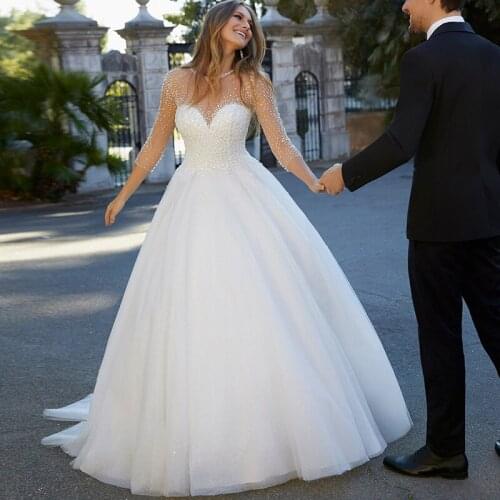 African Style O Neck Plus Size 3/4 Sleeve Luxury Crystal Beading Tulle Ball Gown Wedding Dresses Princess Bridal Gowns
