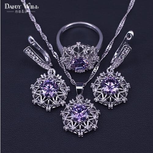Silver Color Costume Jewelry Set purple Cubic Zircon Wedding Jewelry Set For Women Ring/Pendant/Necklace/Earrings