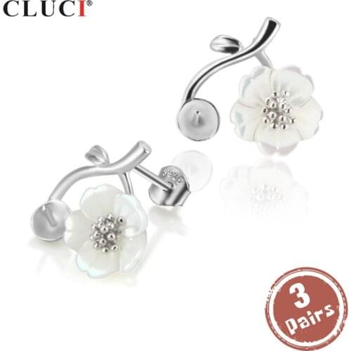 CLUCI 3 pair wholesale Silver 925 Flower Earrings Jewelry Zircon Pearl Mounting 925 Sterling Silver Stud Earring SE065SB