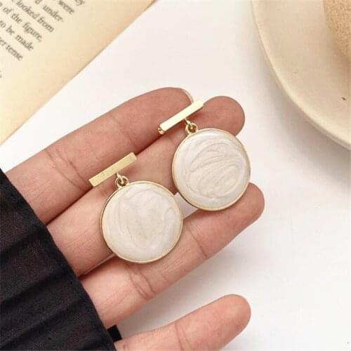 Minimalist style Geometric circular white shell powder stud earrings female Metal Round Hyperbole earrings for women Jewelry