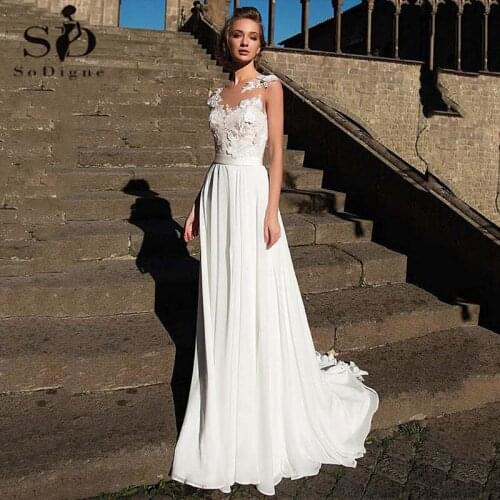 Chiffon Beach Wedding Dress Scoop Neck Flowers Boho Bridal Dress Sexy See Through Wedding Gowns gelinlik 2020
