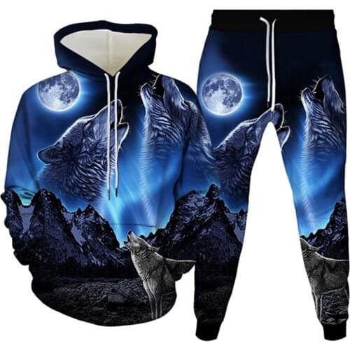 Harajuku Galaxy Animal Wolf Rose Moon Print Clothes Hoody Sweatshirt+Trousers 2Pcs Women Men Tracksuit Teen Birthday School Sets