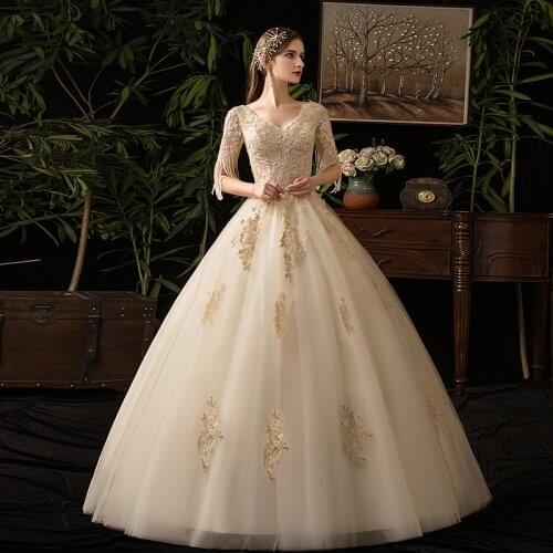 Wedding Dress Champagne Embroidery V-Neck Empire Short Sleeves Elegant Plus Size Wedding Gowns For Women Vestidos De Novia G162