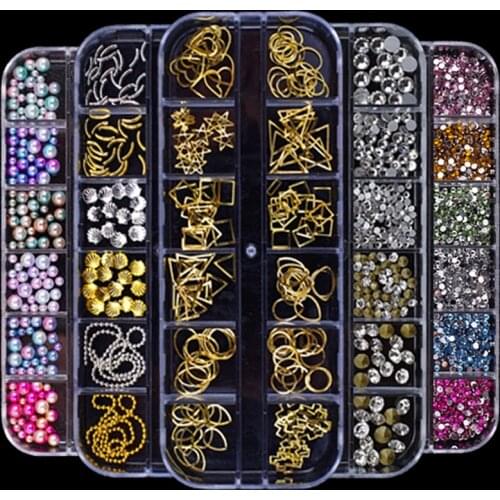 12 Grids Gold Silver Studs Nail Decorations Pearl Shiny Gems DIY 3D Nail Art Rhinestones Metal Rivet Frame Manicure Jewelry