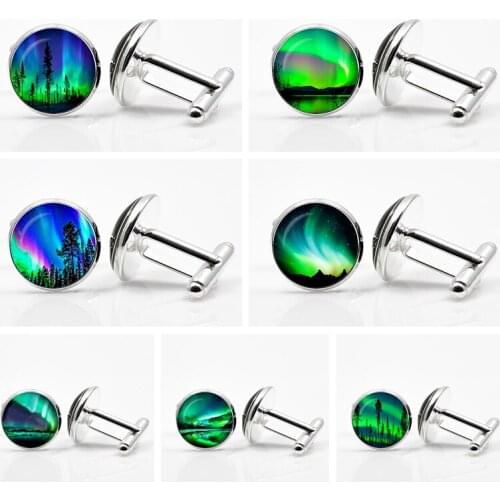 Northern Lights Cufflinks Men Glass Cabochon Wedding Cufflinks French Cuff Shirt Cuff Links