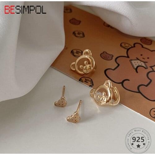 Besimpol Genuine 925 Sterling Silver Stud Earrings Fashion Cute Little Bear Earrings For Girls Women Luxury Fine Jewelry Gift