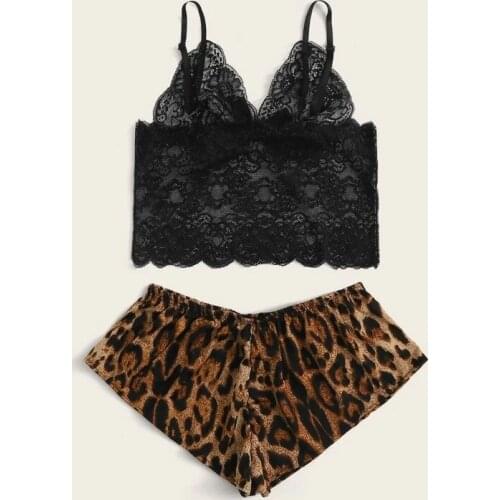 Ladies Summer Sexy Underwear Set Women Fashionable Solid Color Thin Shoulder Strap Lace Chest Wrap + Leopard Print Shorts Kit