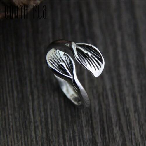 Genuine 925 Sterling Silver Female Vintage Simple Open Rings Flower Leaves Design Fashion Jewelry For Women Tail Ring Opening