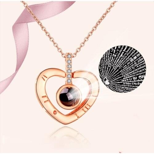 Rose Gold&Silver 100 languages I love you Projection Women Heart Pendant Necklace Romantic Love Memory Wedding Necklace A203