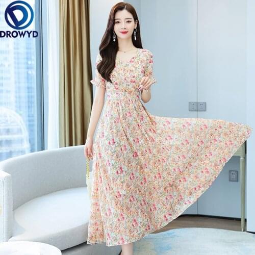 2021 Summer New Casual Floral Chiffon Beach Boho Light Maxi Dress Vintage Pink Long Sundress Elegant Women Bodycon Party Vestido
