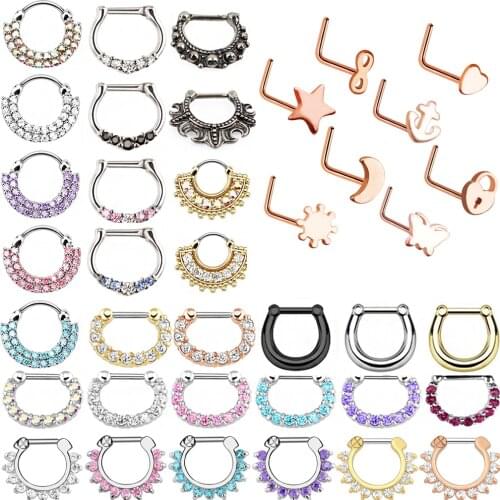 1pc Nose Piercing Ring Septum Helix Cuff Ring CZ Crystal Cartilage Earrings Jewelry Nose Rings L Shape Nose Stud Jewelry Ombligo