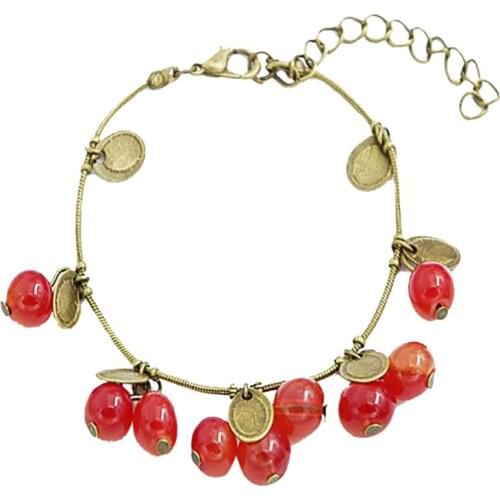 1Pc Fashion Vintage Cute Red Cherry Decor Charm Beads Chain Bracelet & Bangle Gift For Women Girls Jewelry Accessories