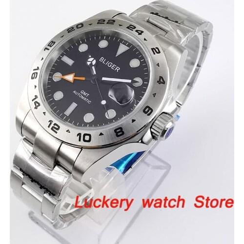 Bliger 43mm luxury Men watch black dial Sapphire glass luminous display GMT Function Automatic winding Movement