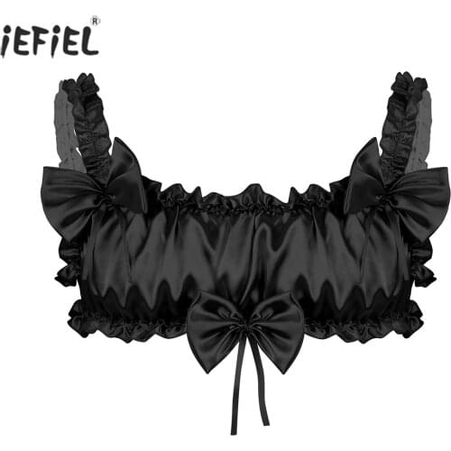 Sexy Men Bra Soft Satin Ruffled Frilly Wire-free Bralette Top Adjustable Shoulder Straps Bowknot Male Gay Sissy Bra Underwear