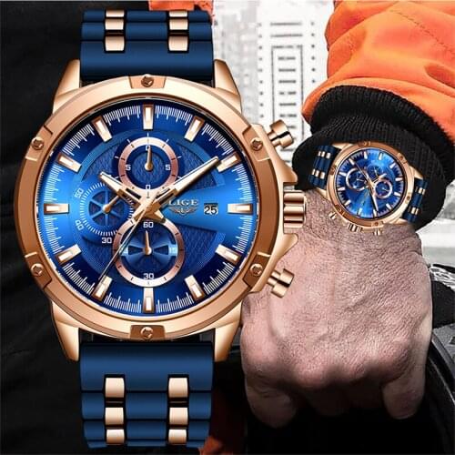 New 2020 Mens Watches LIGE Top Brand Luxury Dial Quartz Watch Men Fashion Blue Silicone Waterproof Watches For Mens Chronograph