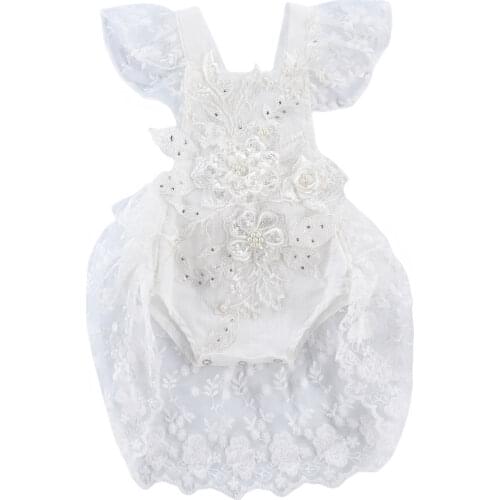 Infant Baby Girl Lace 3D Flower Embroidery Pearl Sweet Princess Romper, White Square Collar Falbala Flying Sleeve Jumpsuit
