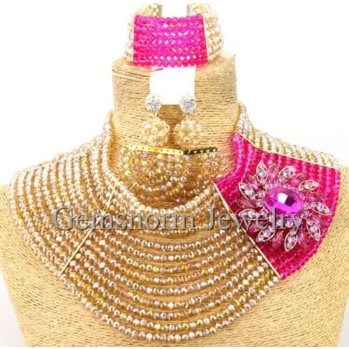 Fantastic Gold/Pink Nigerian Wedding African Beads Jewelry Set Luxury Bride Indian Jewelry Set Free Shipping WB335