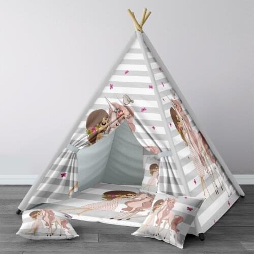Play Tent for Kids Wigwam Portable Indoor Playground Tents Children Bedrooms White Gray Unicorn Love Girl Rabbit Pattern 1401