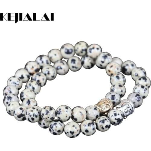 KEJIALAI 2pcs High Quality Natural 8mm Round Spot Stone Beads Charm Women Bracelet Gold/Silver Color Buddha Head Men Bracelet