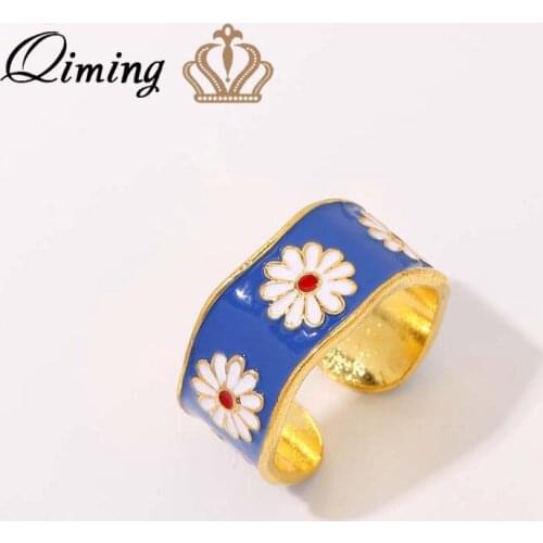 QIMING Blue Enamel Daisy Flower Rings For Women Girls Oil Dripping Bohemia Jewelry Chunky Korean Open Ring Gift