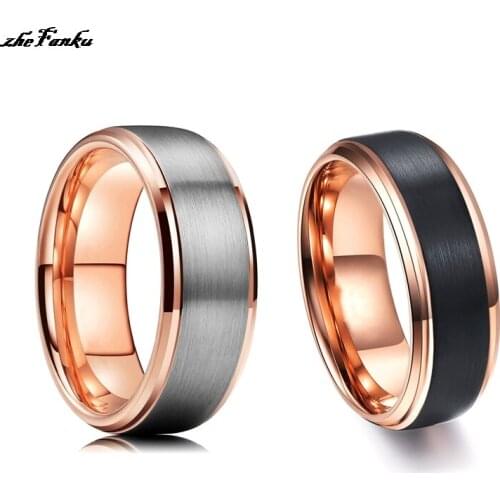 8mm Rose Gold Stainless Steel Ring Surface Black Color Brushed Fashion Mens Wedding Band Jewelry Accessories Size 7-13