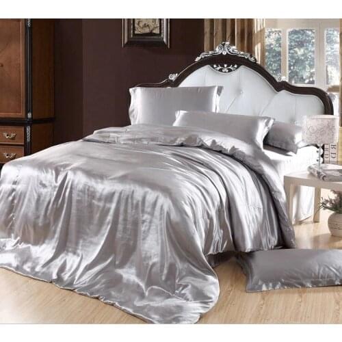 Silver bedding sets grey silk satin Cal king size queen double quilt duvet cover fitted bed sheet sheets bedspread doona 5pcs
