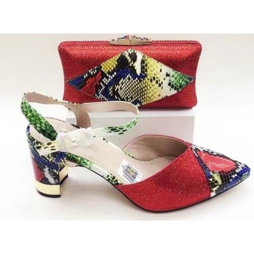 Nice looking red women pumps with rhinestone decoration african dress shoes match handbag set V271,heel 9CM