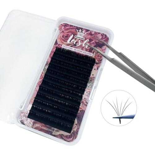 Hot Selling Private Label C/D Curl Volume Mega Eyelashes Synthetic Matte Silk Eyelashes Extension self fan easy flower eyelashes