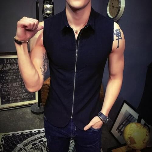Mens Sleeveless Shirts Colete Camisa Social Ziper Black Club Vest Men Sexy Waistcoat Slim Fit Tops Solid Vest White fitted Shirt