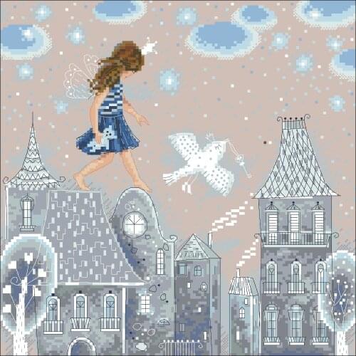 MM Walking on roof cross stitch kit cartoon girl design snow cotton silk thread flaxen canvas embroidery DIY needlework