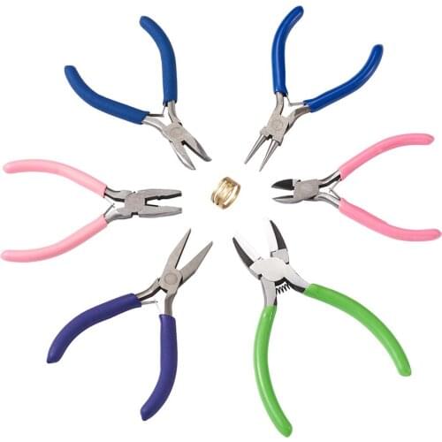 6pcs Jewelry Pliers Sets with Flat Nose Bent Nose Pliers Round Nose Pliers Side Cutting Plier Brass Rings for Jewelry Making DIY